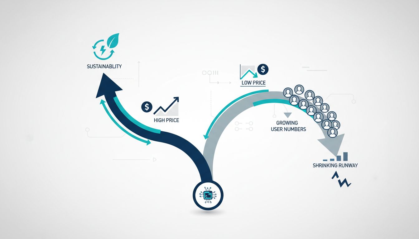 Diagram showing high pricing leading upward toward sustainability and low pricing leading downward despite growing user numbers
