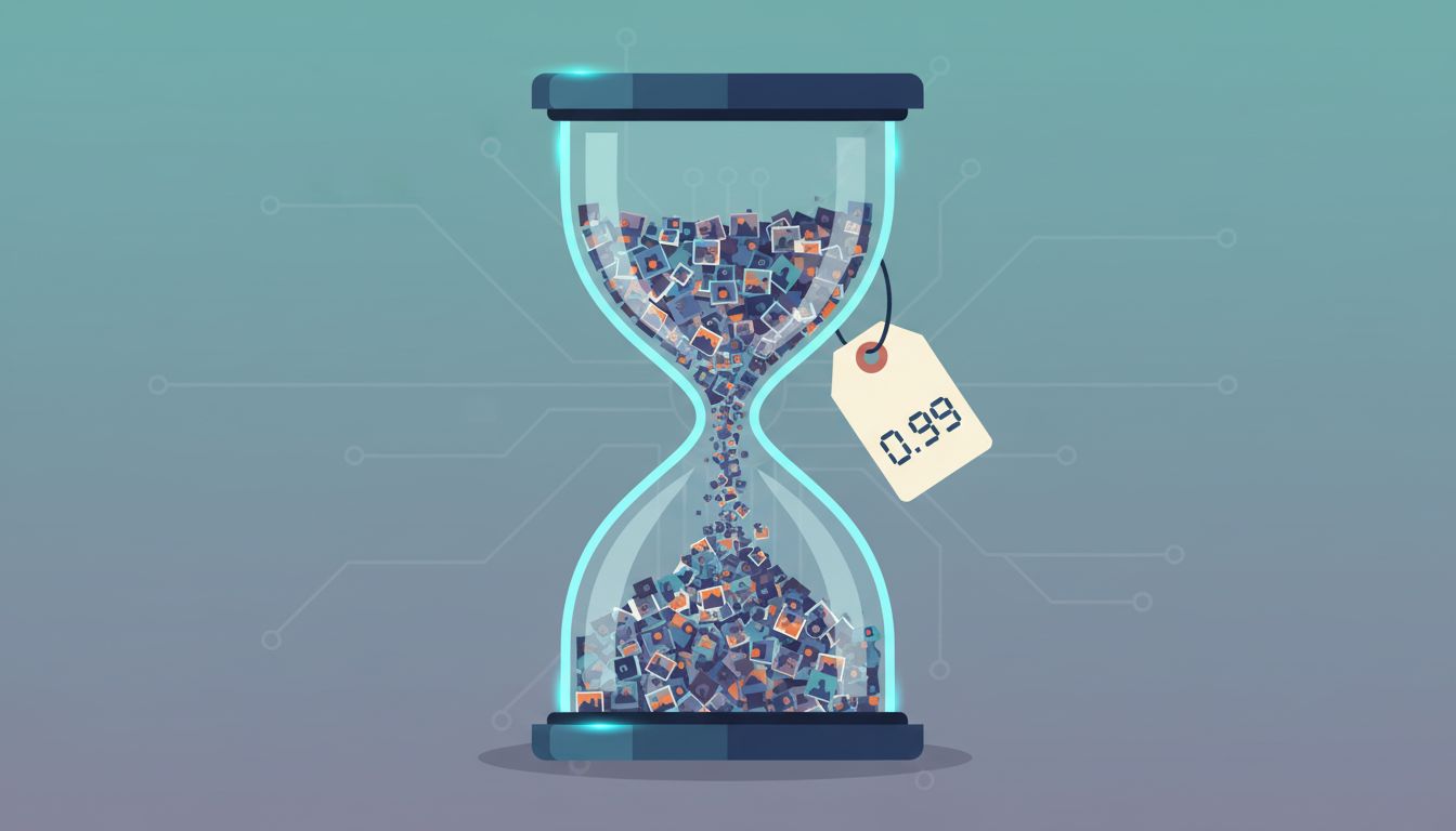 A low price tag attached to an hourglass draining of time, illustrated with small photo thumbnails as sand