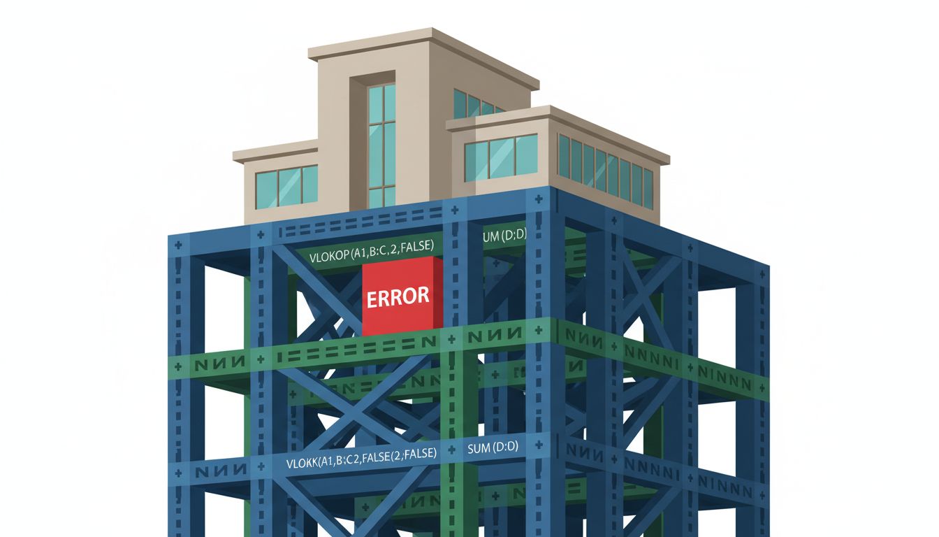 Illustration of a spreadsheet rendered as load-bearing architecture supporting a modern building