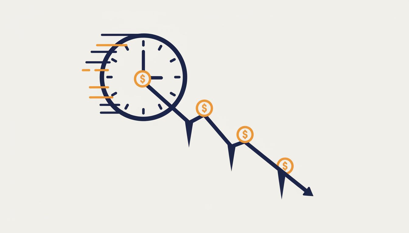 A clock overlaid on a dilution chart, illustrating how funding rounds accelerate timelines while eroding founder ownership