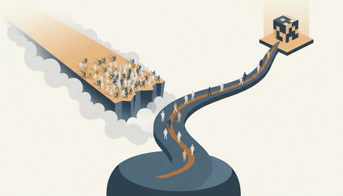 Two diverging paths, one fast and crowded leading into fog, one slow and deliberate leading to solid ground