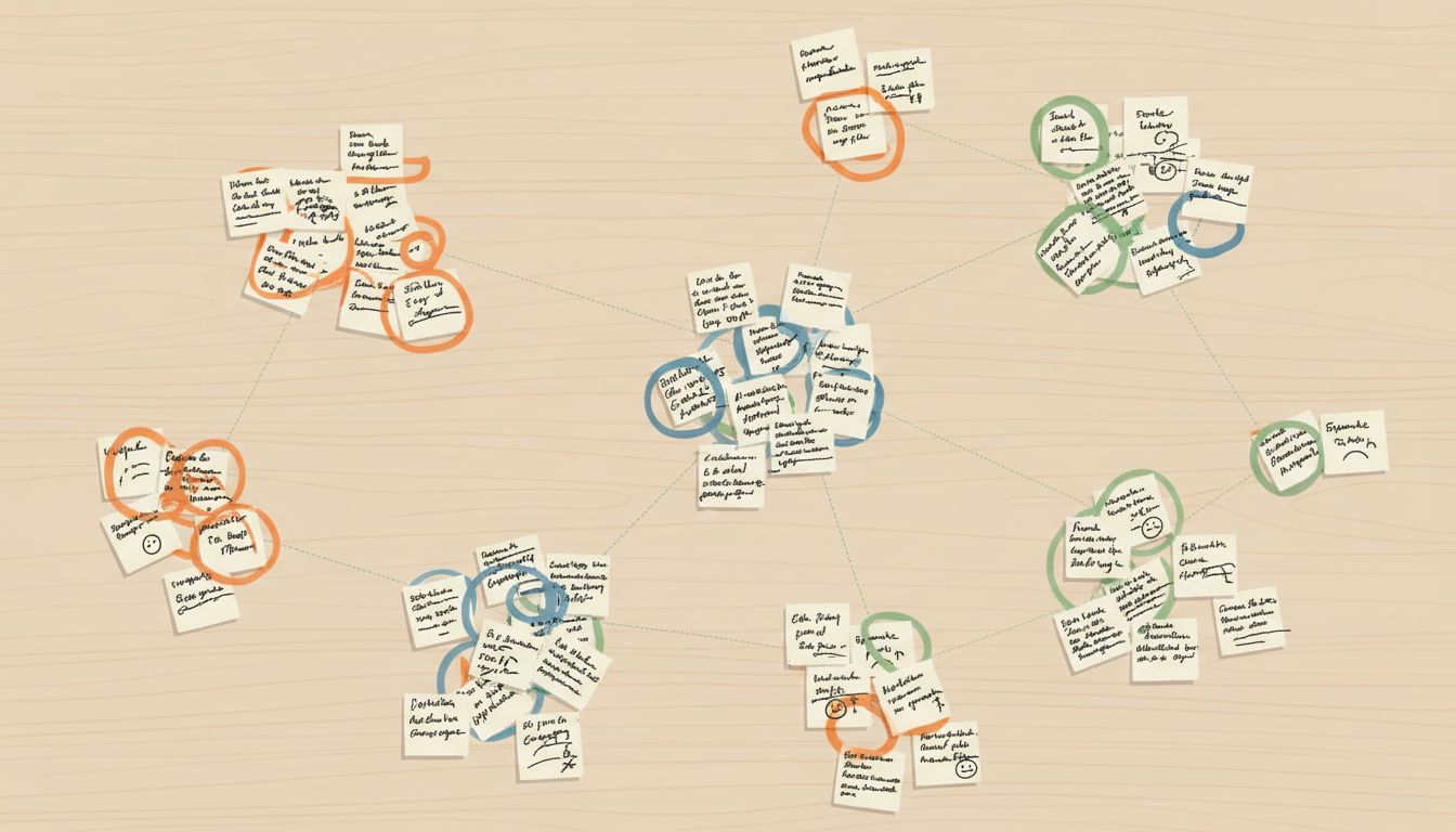 Illustrated overhead view of clustered customer complaint notes forming a product pattern