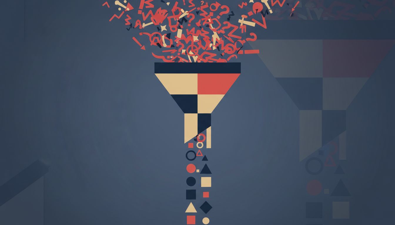 Abstract illustration of complaint signals being filtered into structured product features