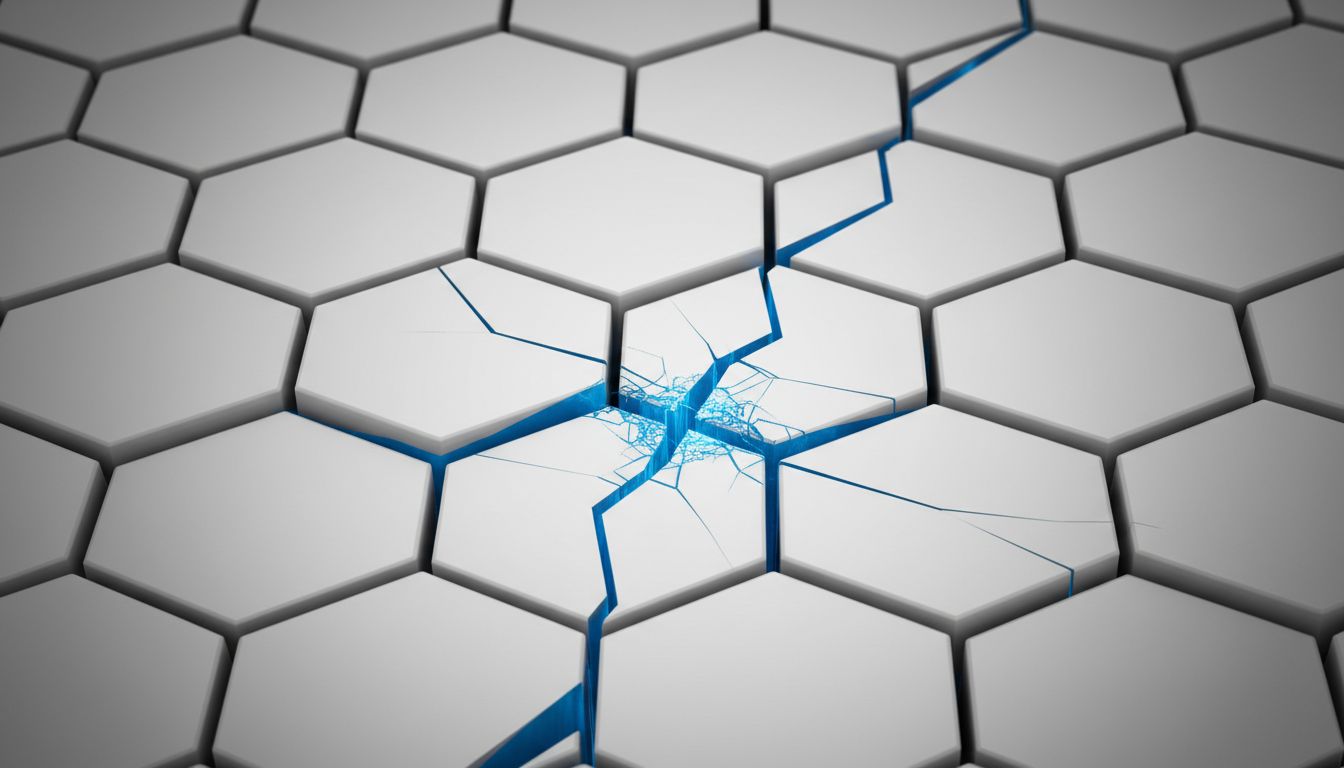 A clean geometric structure with a single precise stress fracture running through it