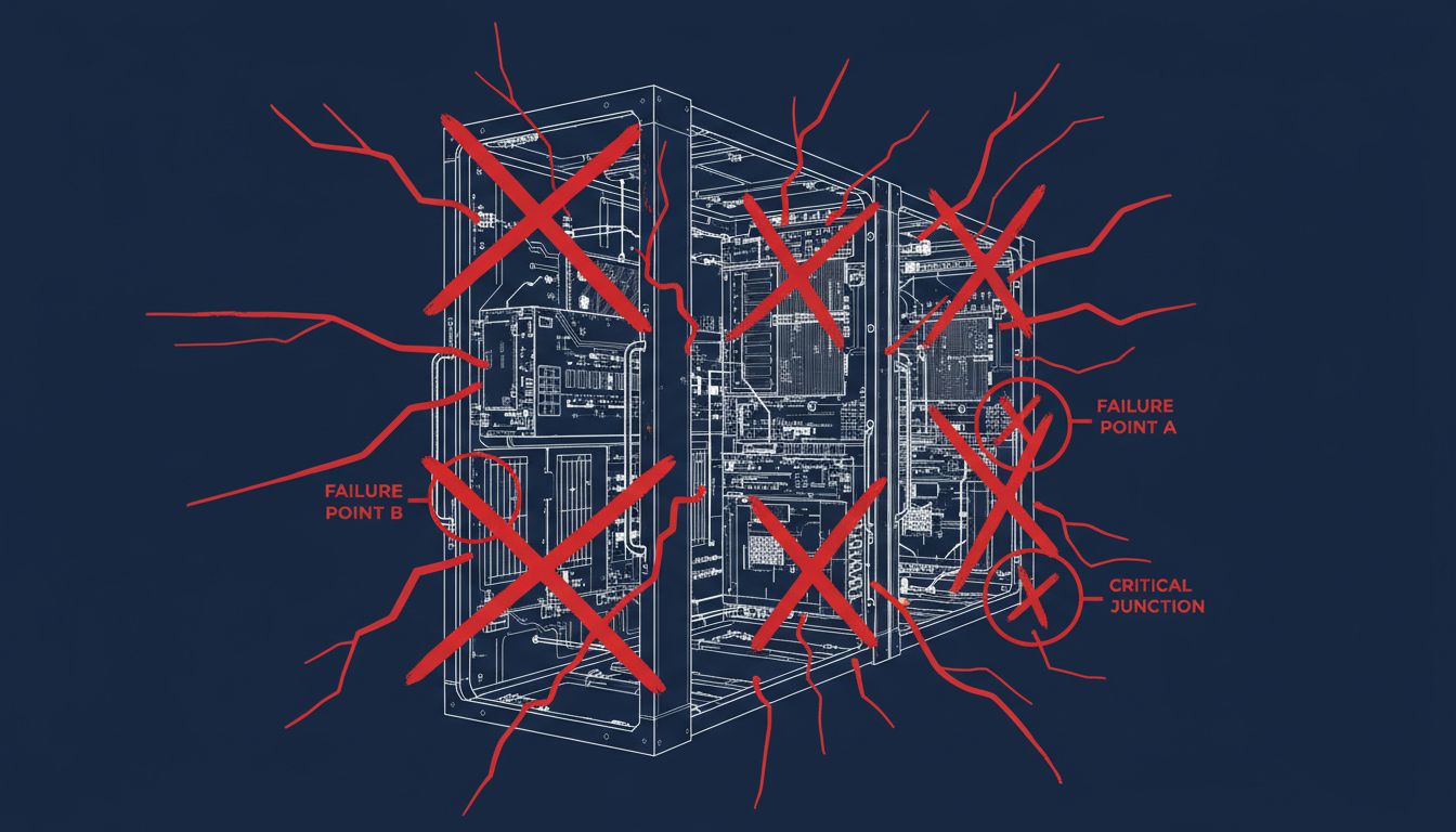 A product architecture diagram covered in red failure markers and stress fracture annotations