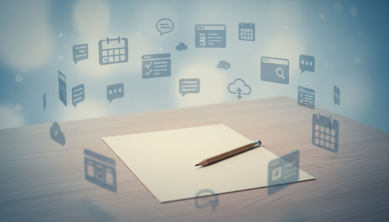 A blank sheet of paper in focus, surrounded by faded digital tool icons
