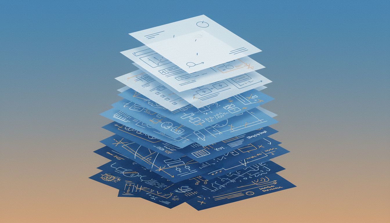 Layered translucent document pages illustrating the depth of an unfinished draft