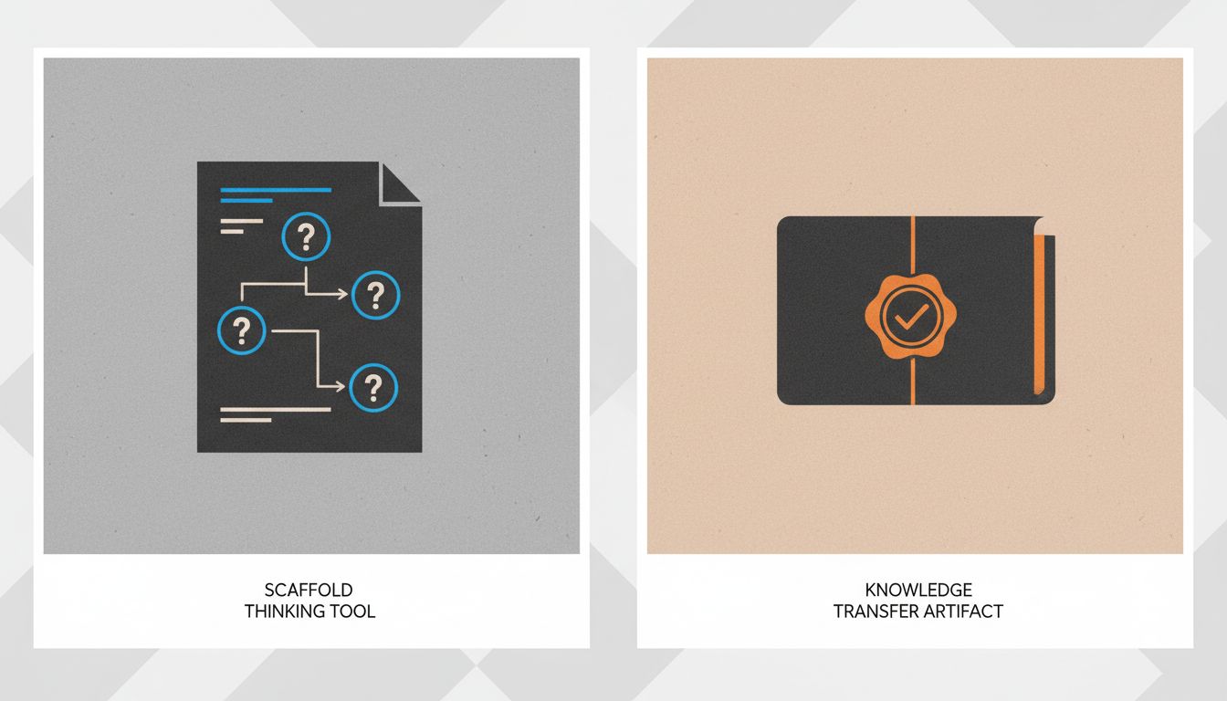 Two types of documents illustrated side by side: thinking scaffold versus knowledge transfer artifact