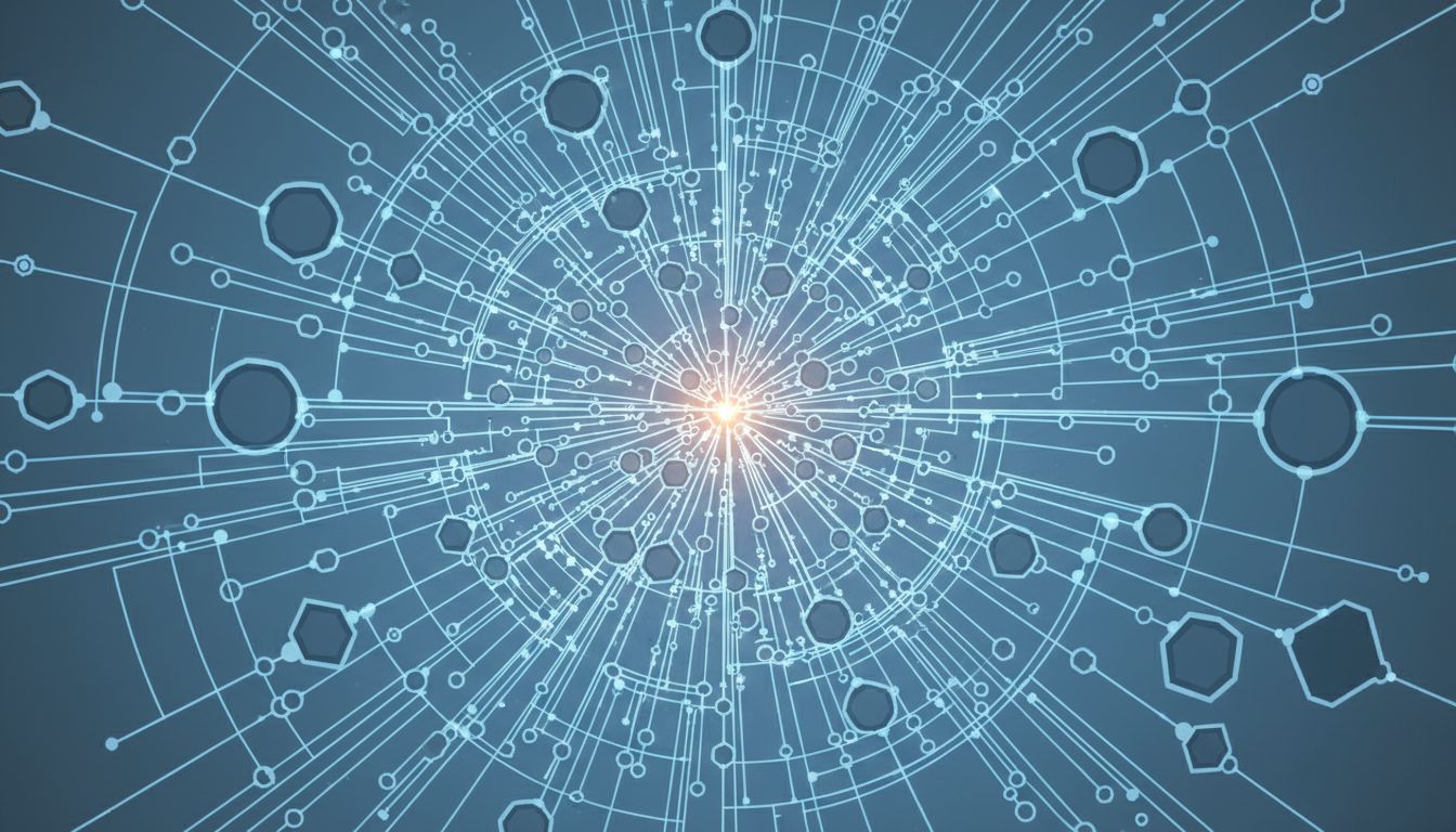 Abstract network diagram showing all traffic flowing through a single small central node