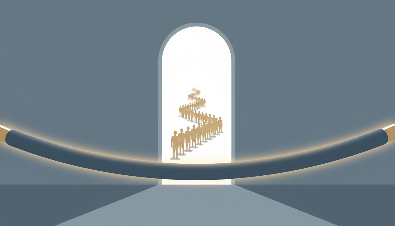 A velvet rope leading to an empty doorway, with a long queue of silhouettes waiting to enter nothing