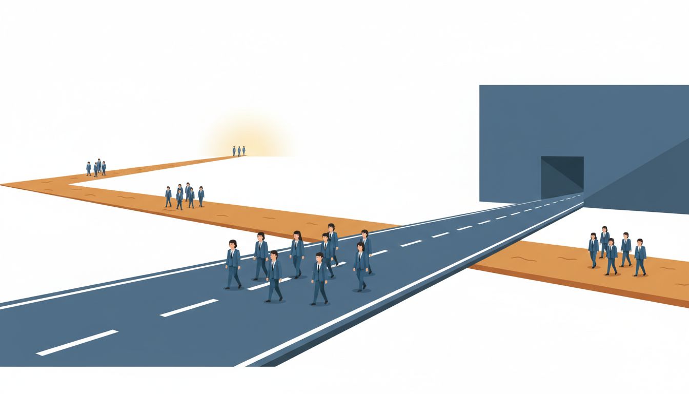 Illustration of a confident path leading to a dead end while a smaller path leads forward