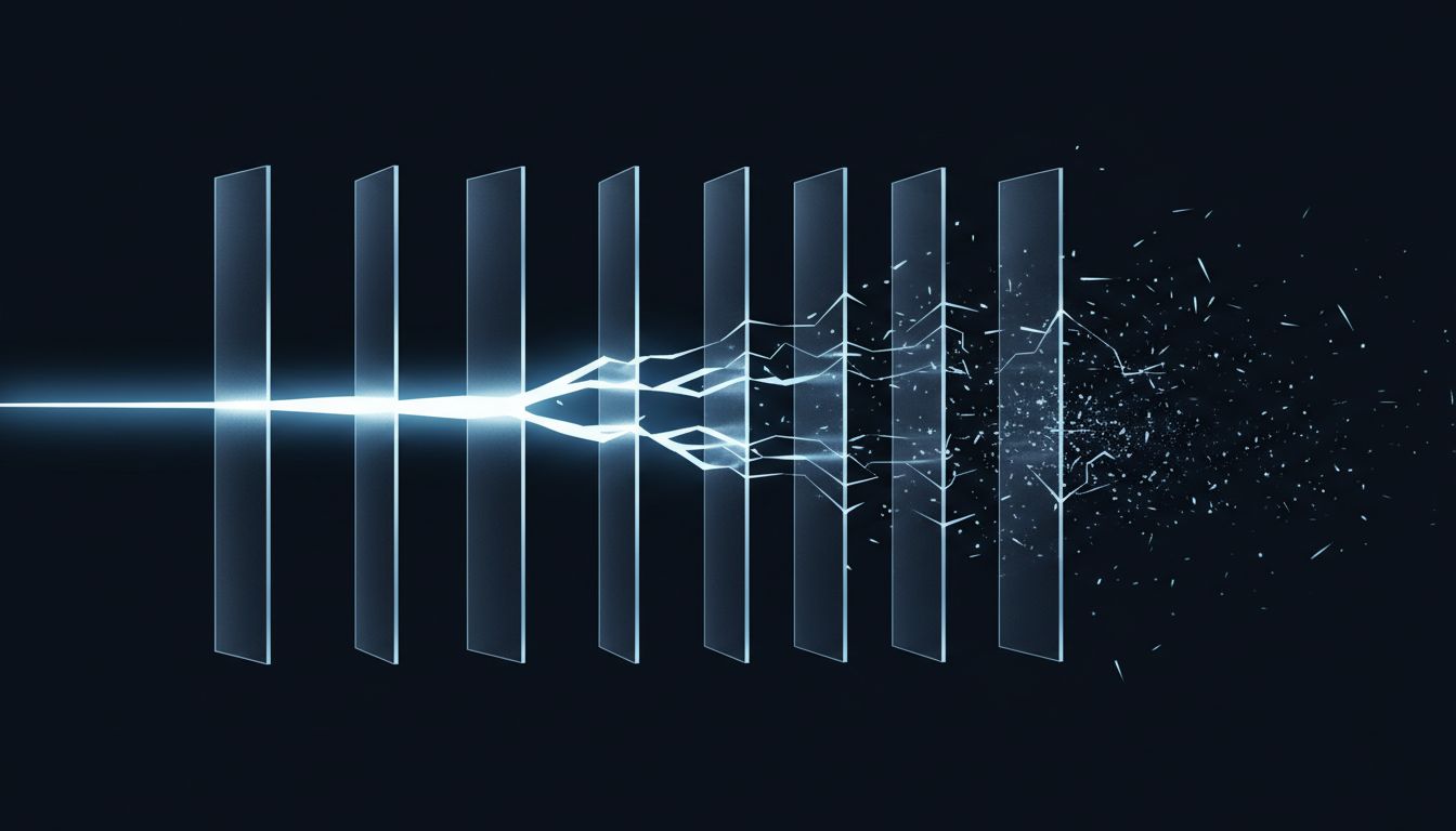 Abstract illustration of a continuous stream fragmented into shorter segments by repeated barriers