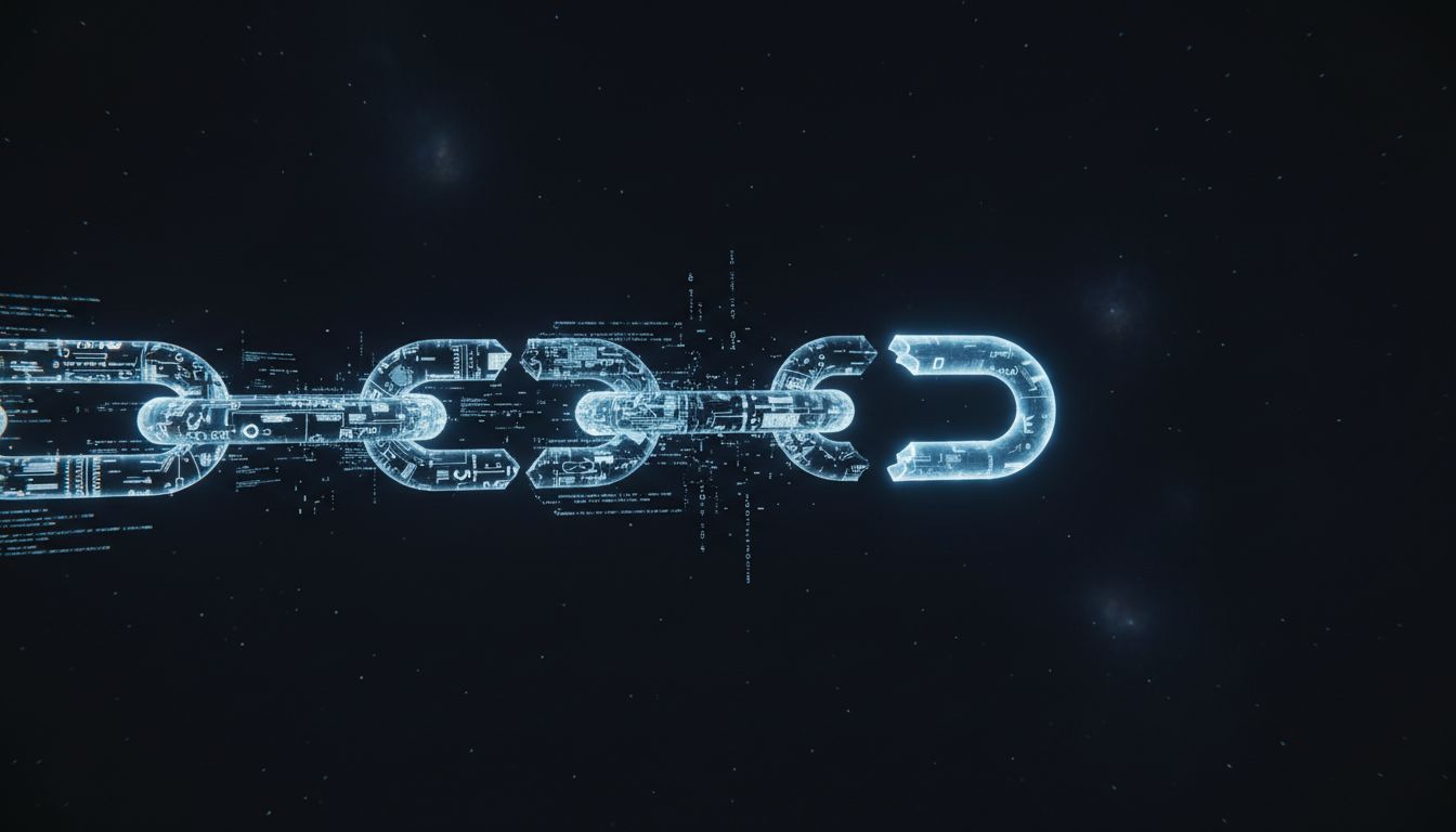 A chain of glowing code links with the final link disappearing into empty void, representing a null reference