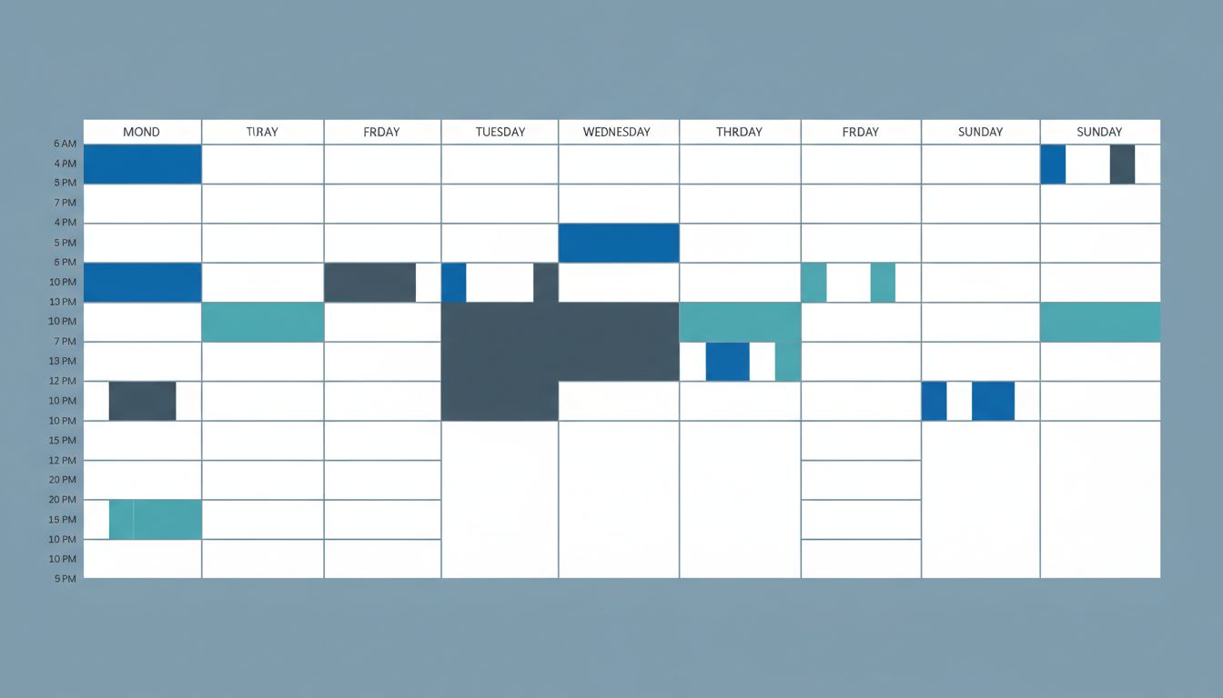 A Gantt-style diagram showing a weekly calendar with protected time blocks forming deliberate patterns among empty slots