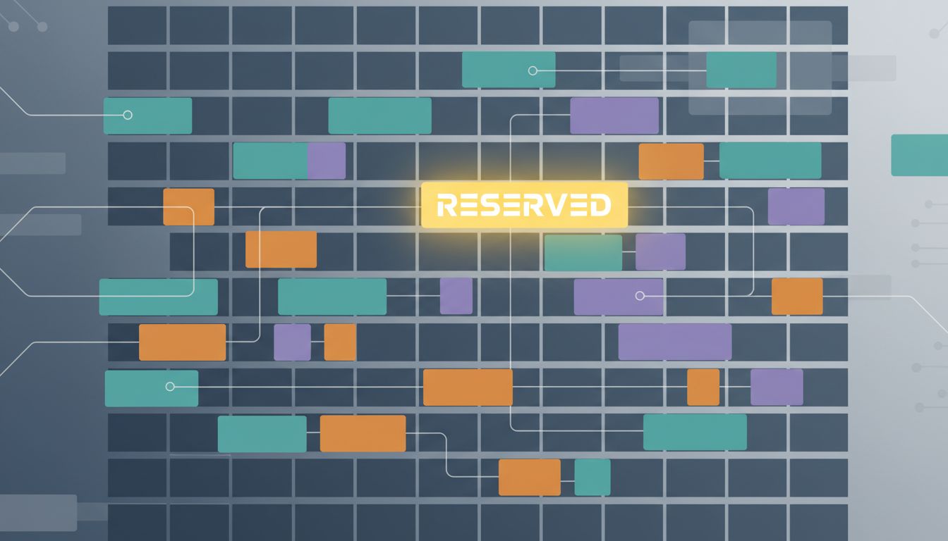 A calendar grid rendered as a CPU scheduling queue, with one reserved block highlighted among competing processes