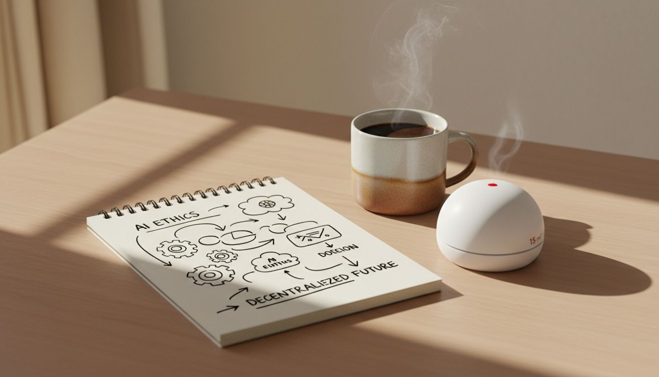 A minimal desk with a notebook, timer, and coffee representing intentional creative work and strategic delay