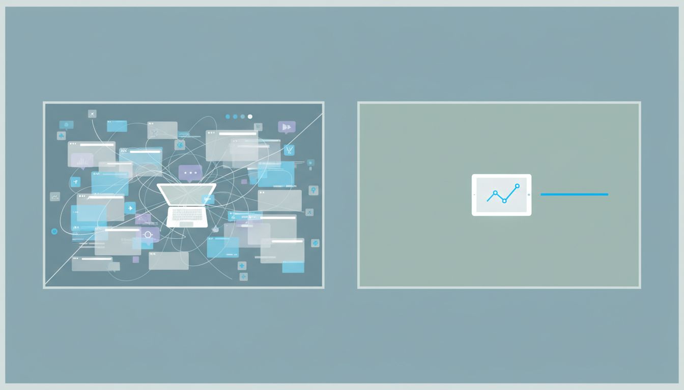 Diagram comparing a cluttered, notification-heavy digital workspace on the left with a minimal, focused workspace on the right
