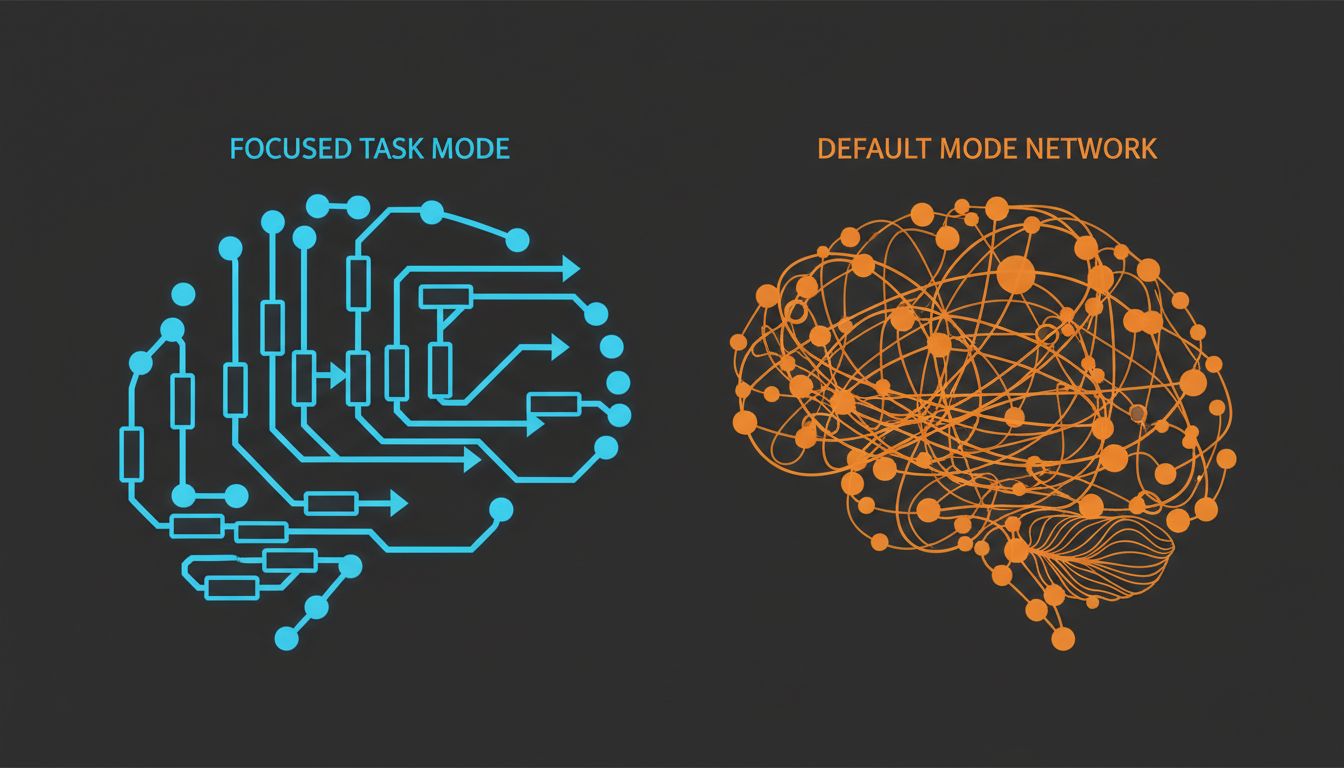 Illustration comparing the brain's focused task mode as a linear pipeline versus the default mode network as a distributed mesh