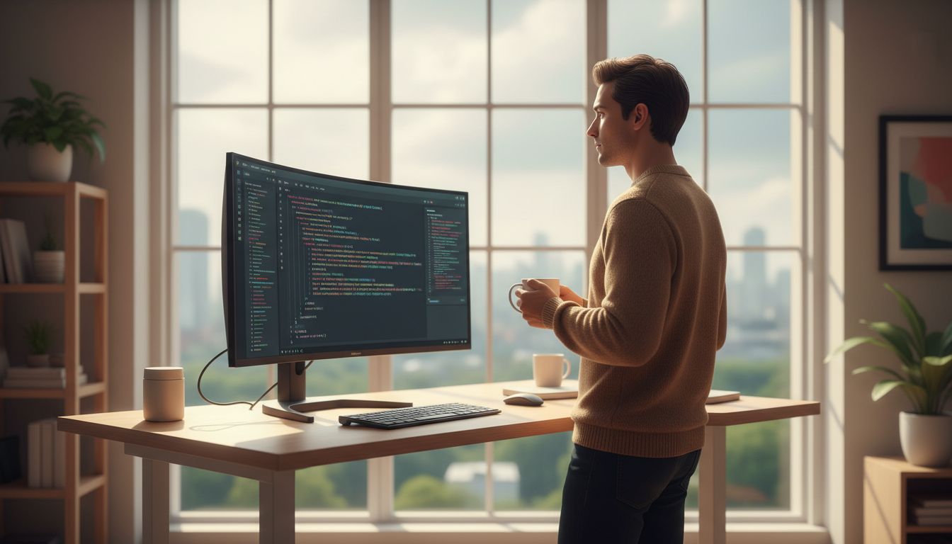 A developer taking a deliberate break from coding, holding coffee and looking out a window, with code visible on the monitor behind them