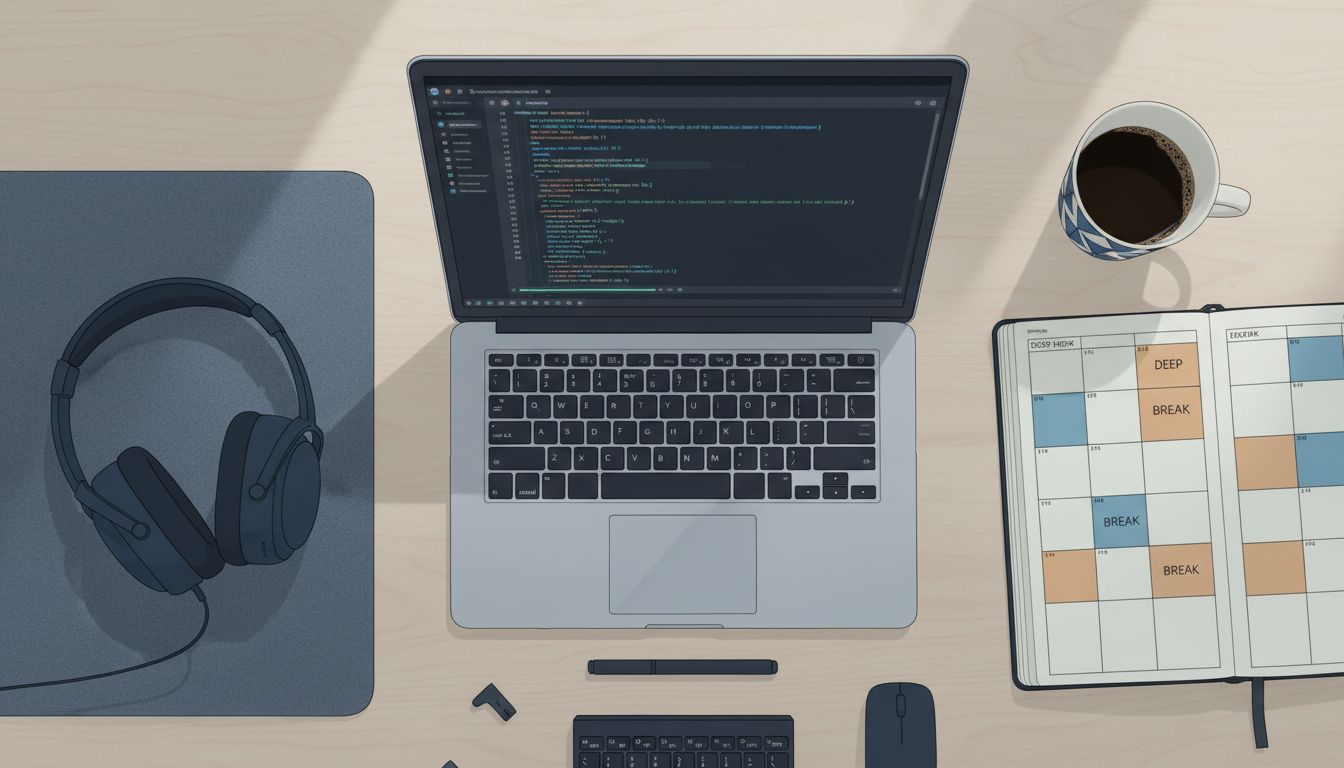 A developer's organized desk with a planner showing deliberately scheduled work blocks and break windows alongside a laptop with code on screen