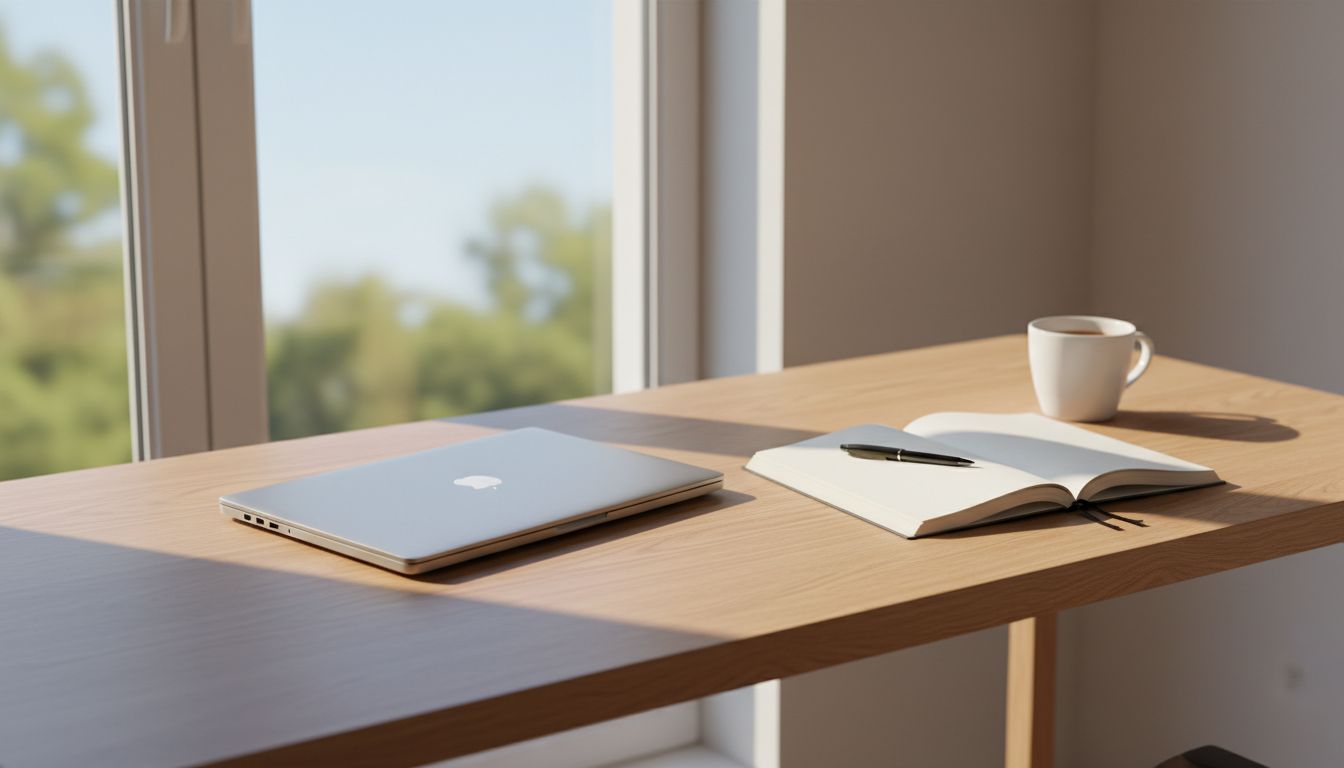 A closed laptop and open notebook on a clean desk with morning light, representing the Digital Sabbath productivity strategy
