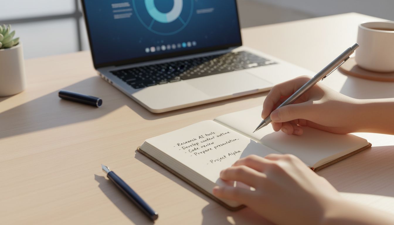 A person writing a focused task list in a notebook beside a laptop as part of a pre-work deep focus ritual