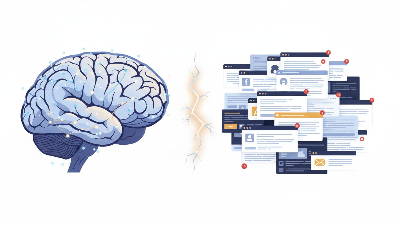 Illustration of a brain with neural pathways next to a cluttered multi-tab desktop, representing the cognitive cost of context switching