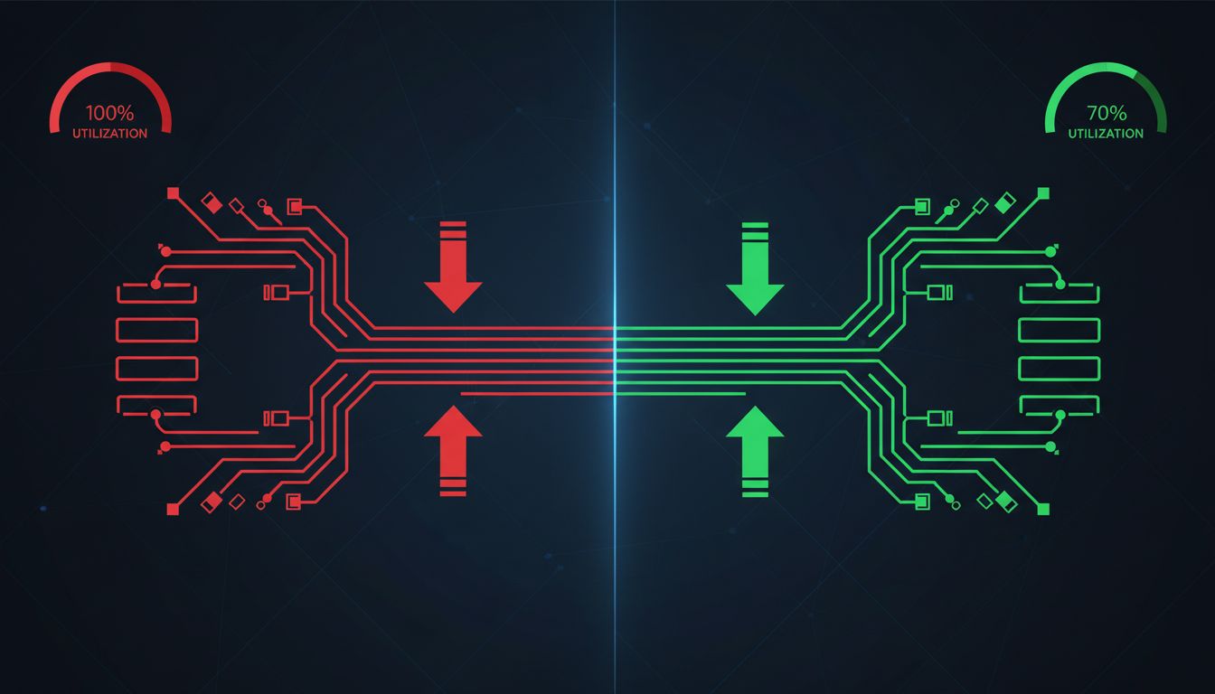 Two pipeline diagrams comparing 100% vs 70% system utilization, showing how slack prevents queue buildup