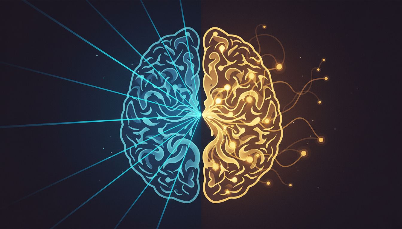 Brain illustration showing the contrast between focused task mode neural activity and the default mode network during rest