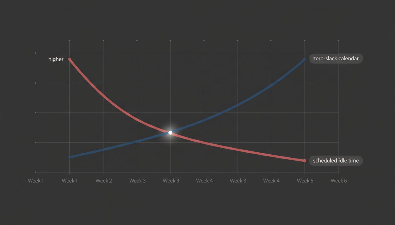 Line graph showing productivity output over six weeks comparing zero-slack scheduling versus deliberate idle time scheduling