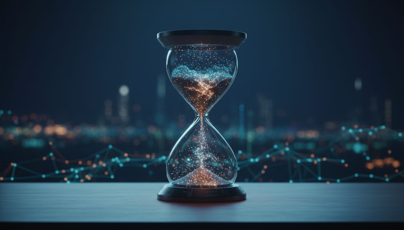 Glowing hourglass on a dark desk representing scheduled idle time as a productive resource