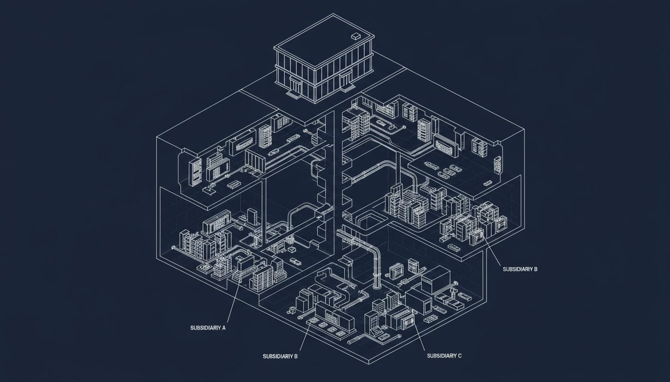 Isometric cross-section diagram showing visible corporate structure above ground and complex subsidiary networks below