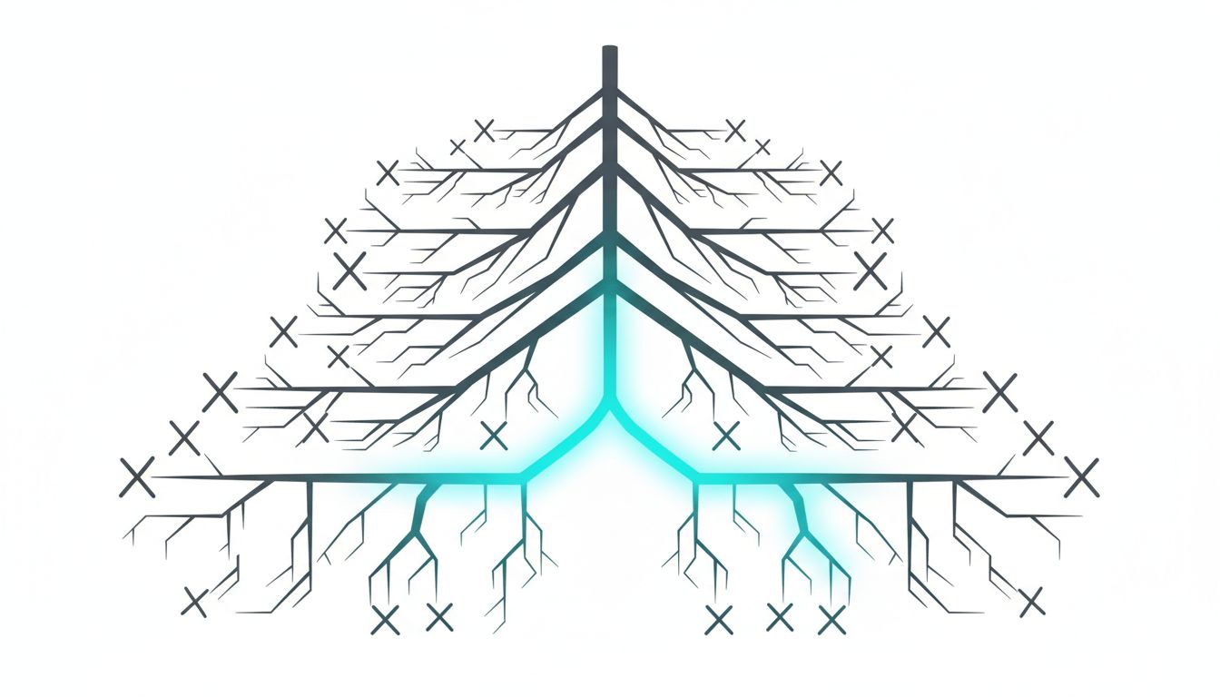 Decision tree with most branches eliminated, showing one clear path forward