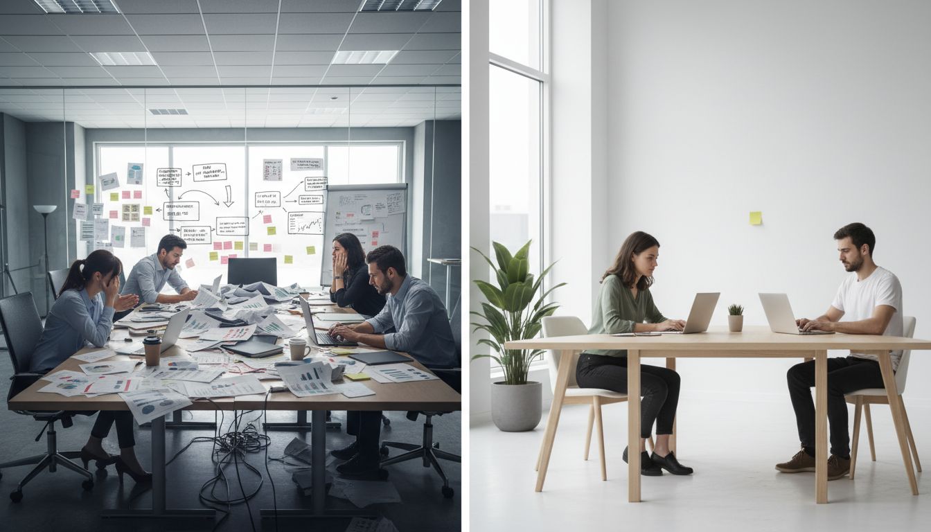 Two contrasting startup teams, one paralyzed by data overload and one moving fast with minimal information