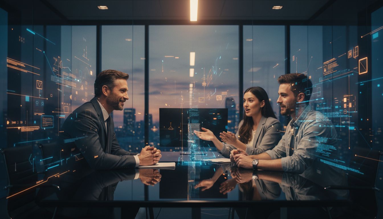 A venture capitalist evaluating startup founders in a modern office with abstract pattern recognition overlays