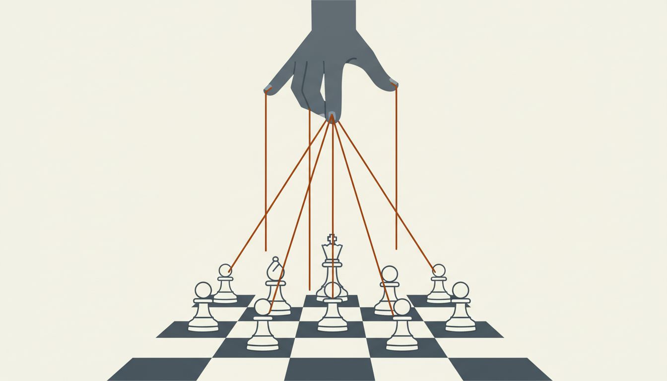 A single hand controlling multiple competing chess pieces with strings, representing a VC funding rival startups simultaneously
