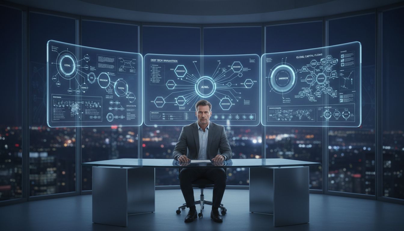 Venture capitalist analyzing industry automation patterns on multiple screens in a modern office at night