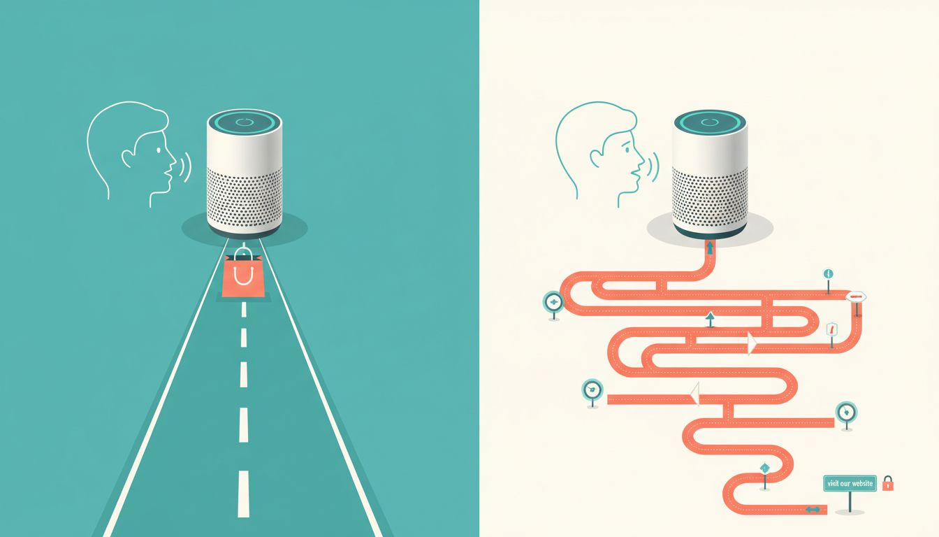 Side by side comparison showing smooth path for purchase commands versus obstacle-filled path for cancellation commands on voice assistants