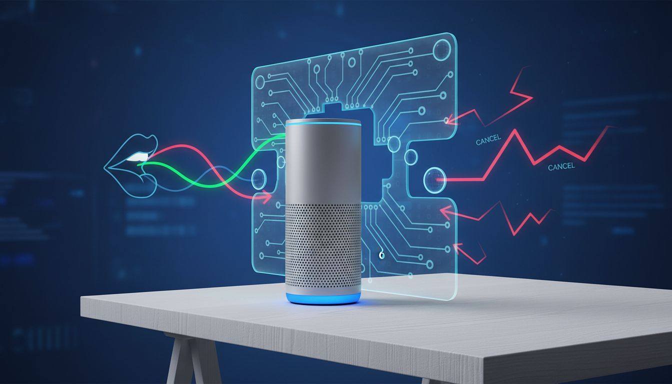 Smart speaker with sound wave visualization showing selective intent routing, green waves passing freely and red waves deflecting