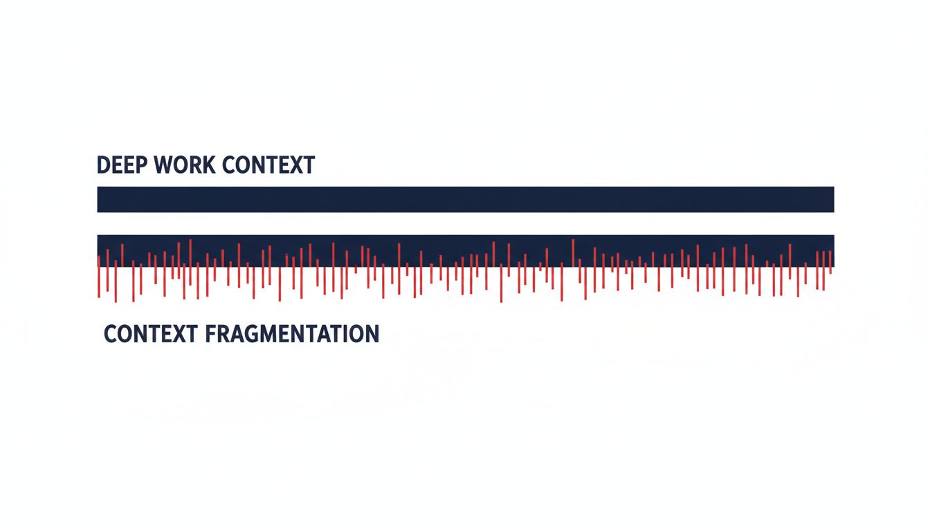 Timeline diagram showing how interruptions fragment a continuous work session into unusable fragments