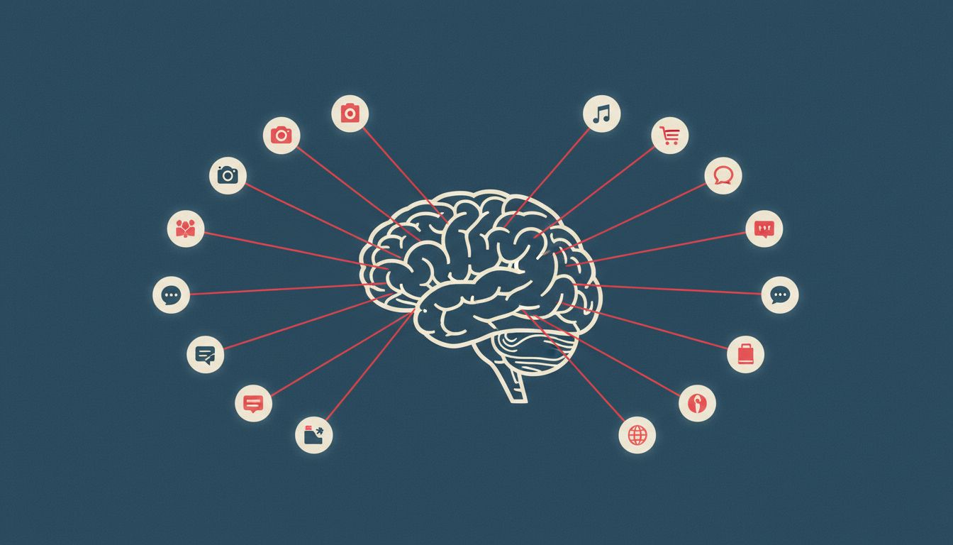Abstract diagram of a brain with notification icons pulling threads of attention outward