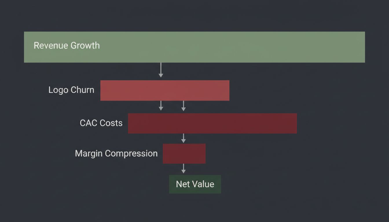 Waterfall chart illustrating how gross ARR growth erodes into poor net unit economics through churn, CAC, and margin compression