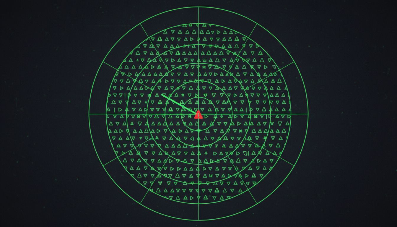 A radar display overwhelmed with hundreds of identical alert signals, obscuring a single critical warning