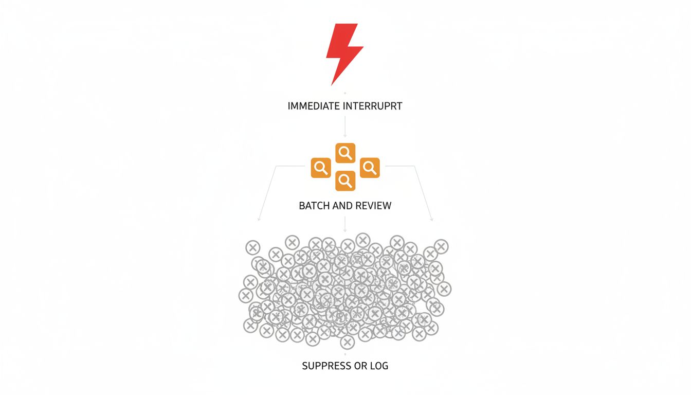 A three-tier alert priority diagram showing immediate, batched, and suppressed notification categories