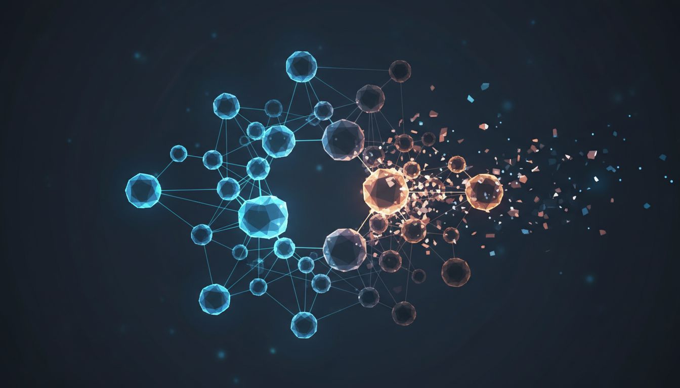 A network of interconnected nodes with half fading and dissolving, representing the loss of institutional knowledge after key engineers depart