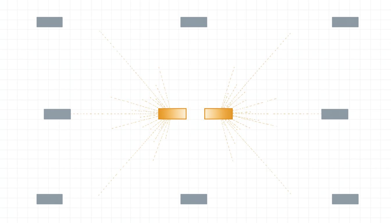 A software dependency graph fragmenting as its two central nodes are removed, leaving the surrounding components disconnected