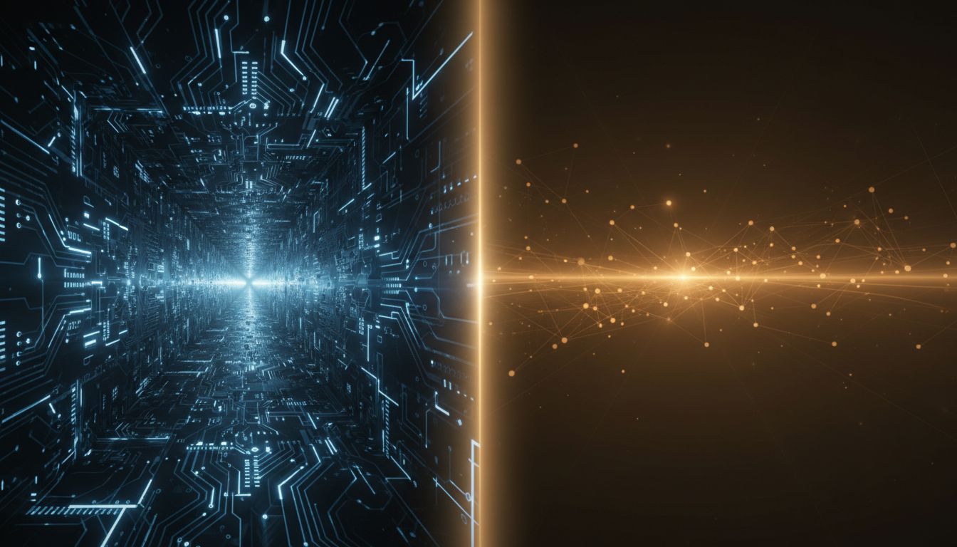 Abstract illustration contrasting focused thinking as a narrow spotlight versus diffuse thinking as a broad ambient glow with emergent connections