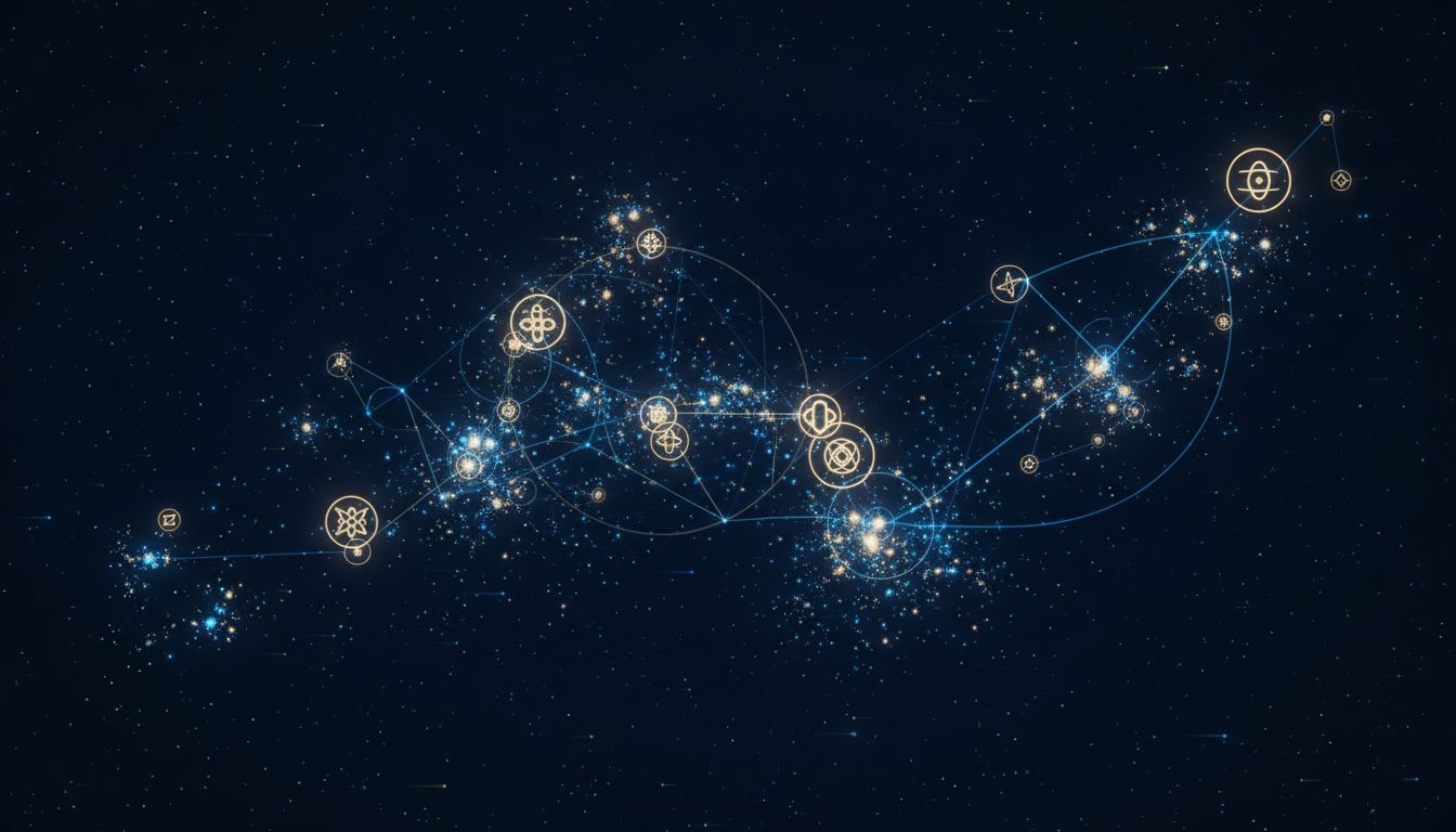 Abstract visualization of a high-dimensional embedding space showing clusters of related concepts as glowing points connected by geometric lines