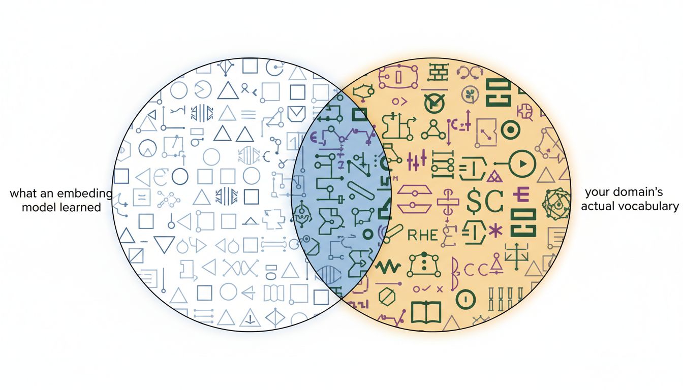 Diagram showing the gap between a general-purpose embedding model's training distribution and domain-specific vocabulary
