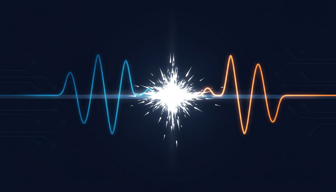 Two signal waves colliding on a shared wire, producing an interference pattern